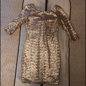 Gold sequined long sleeve, zipper backed dress